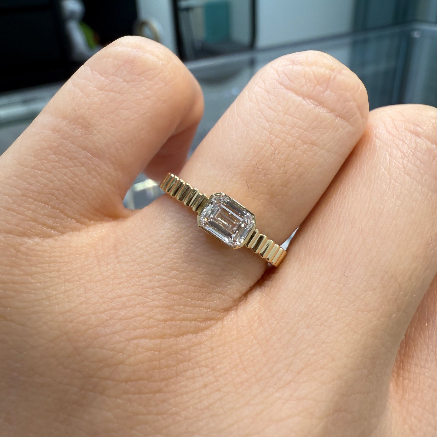 Lab diamond Emerald cut 0.6ct horizontal bezel set with vertical line band ring
