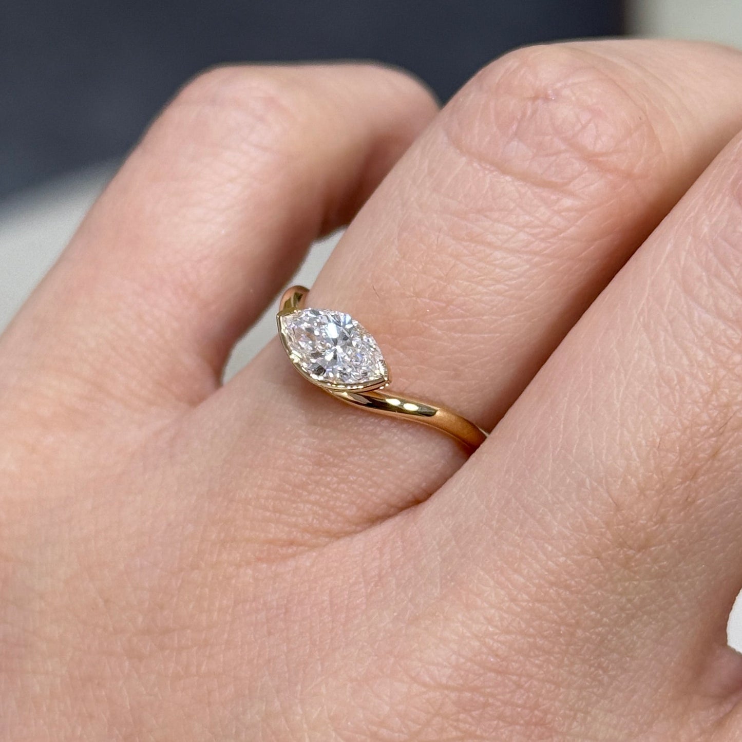 Lab diamond Marquise shape 0.7ct half bezel wavy ring