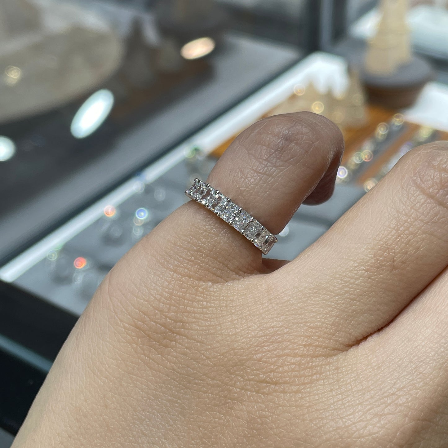 Lab diamond Radiant cut 0.9ct half eternity straight vertical line band pinky ring
