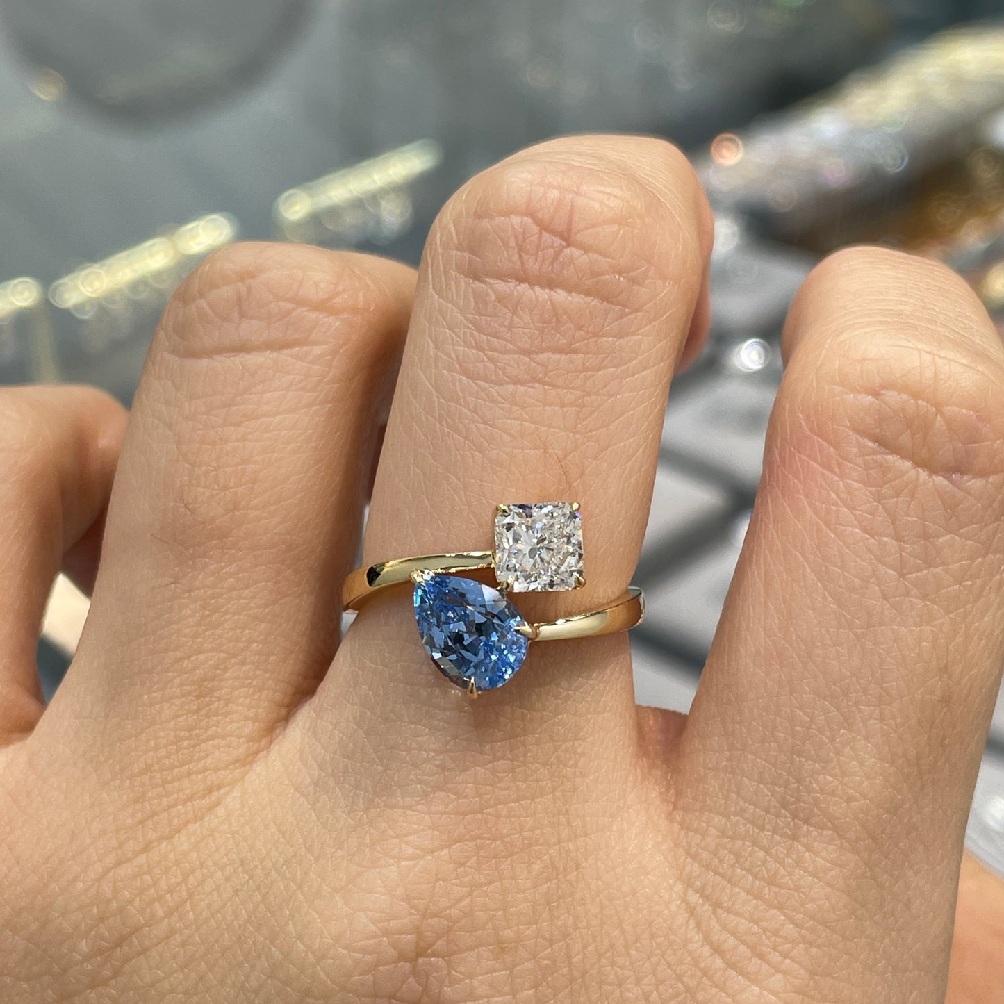 Lab sapphire Santa maria aquamarine pear shape 1.5ct with diamond radiant cut 1ct toi et moi open ring
