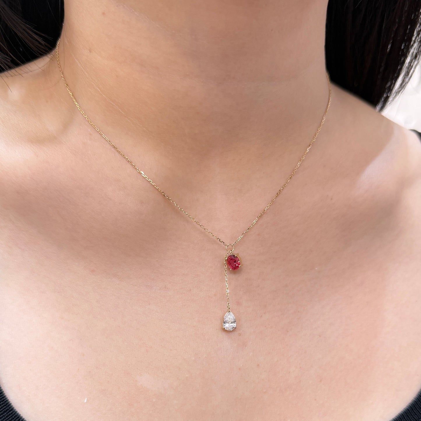 Lab Ruby Oval shape 0.9ct swing diamond pear shape 0.7ct two stone necklace