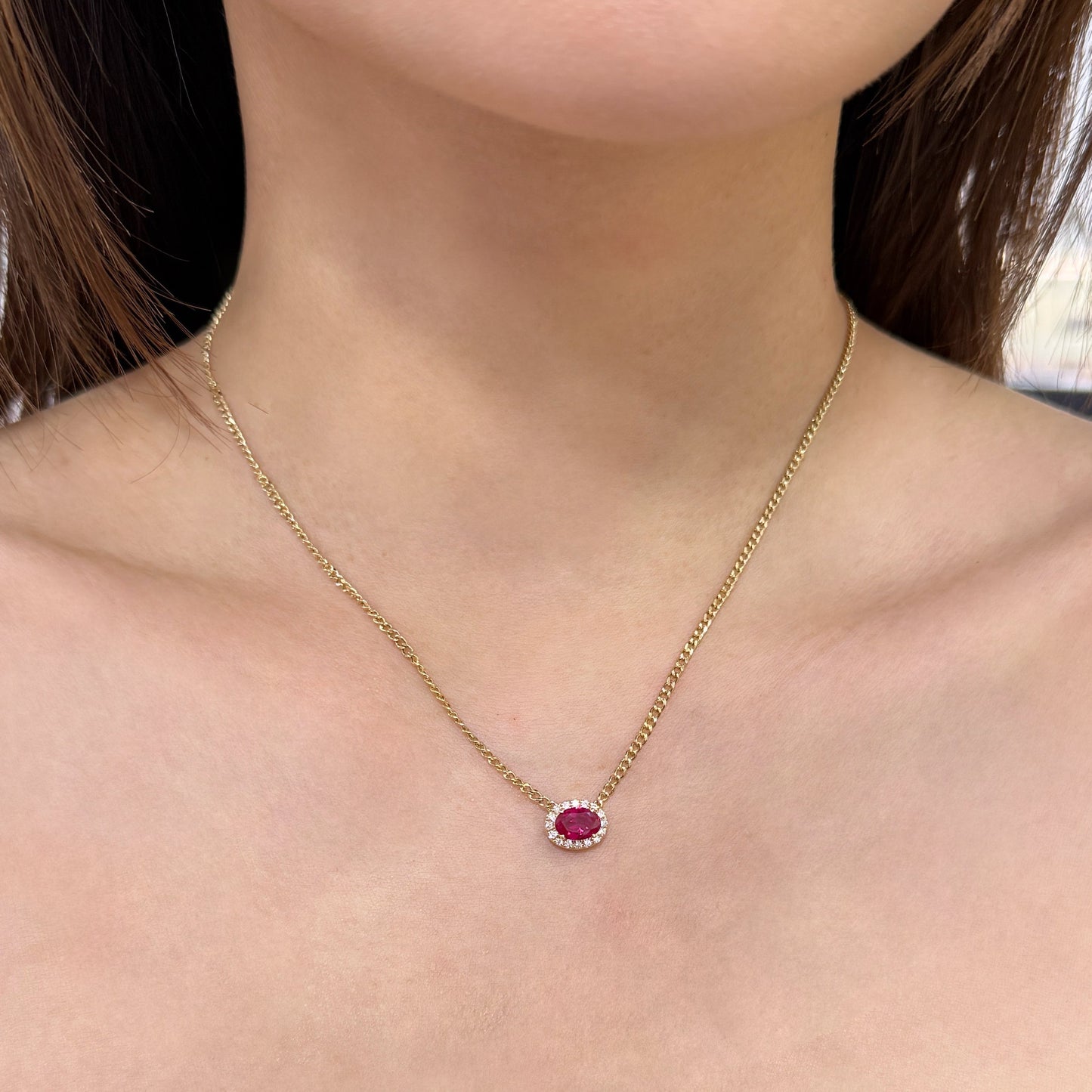 Lab pinkish ruby oval shape 0.8ct halo with 1.8mm Cuban necklace