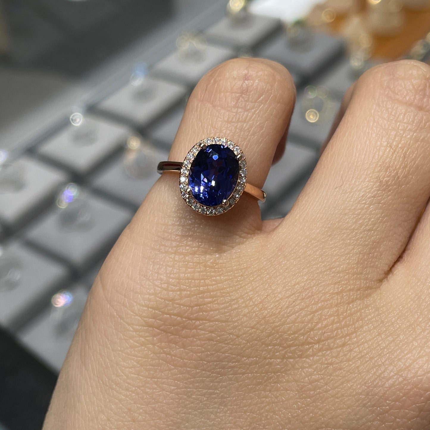 Lab grown sapphire royal blue color Oval shape 2.7ct halo ring