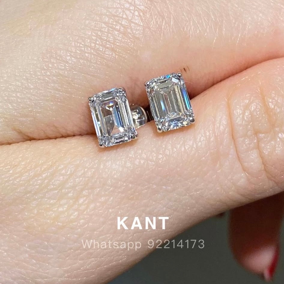 IGI Lab diamond Emerald cut 3ct four-prong stud earrings-pair