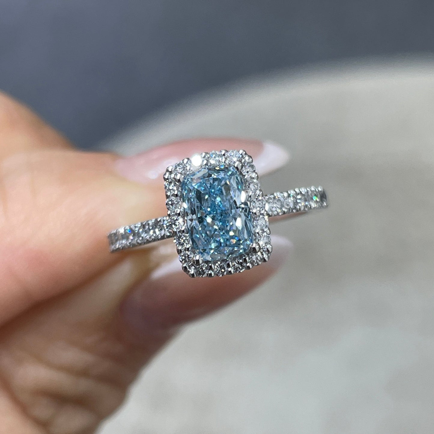 IGI lab blue diamond long cushion cut 1ct halo two-way pave ring