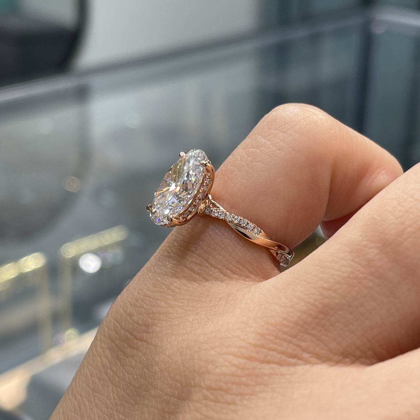 IGI Lab diamond Oval shape 3ct four-prong underhalo pave twisted band ring
