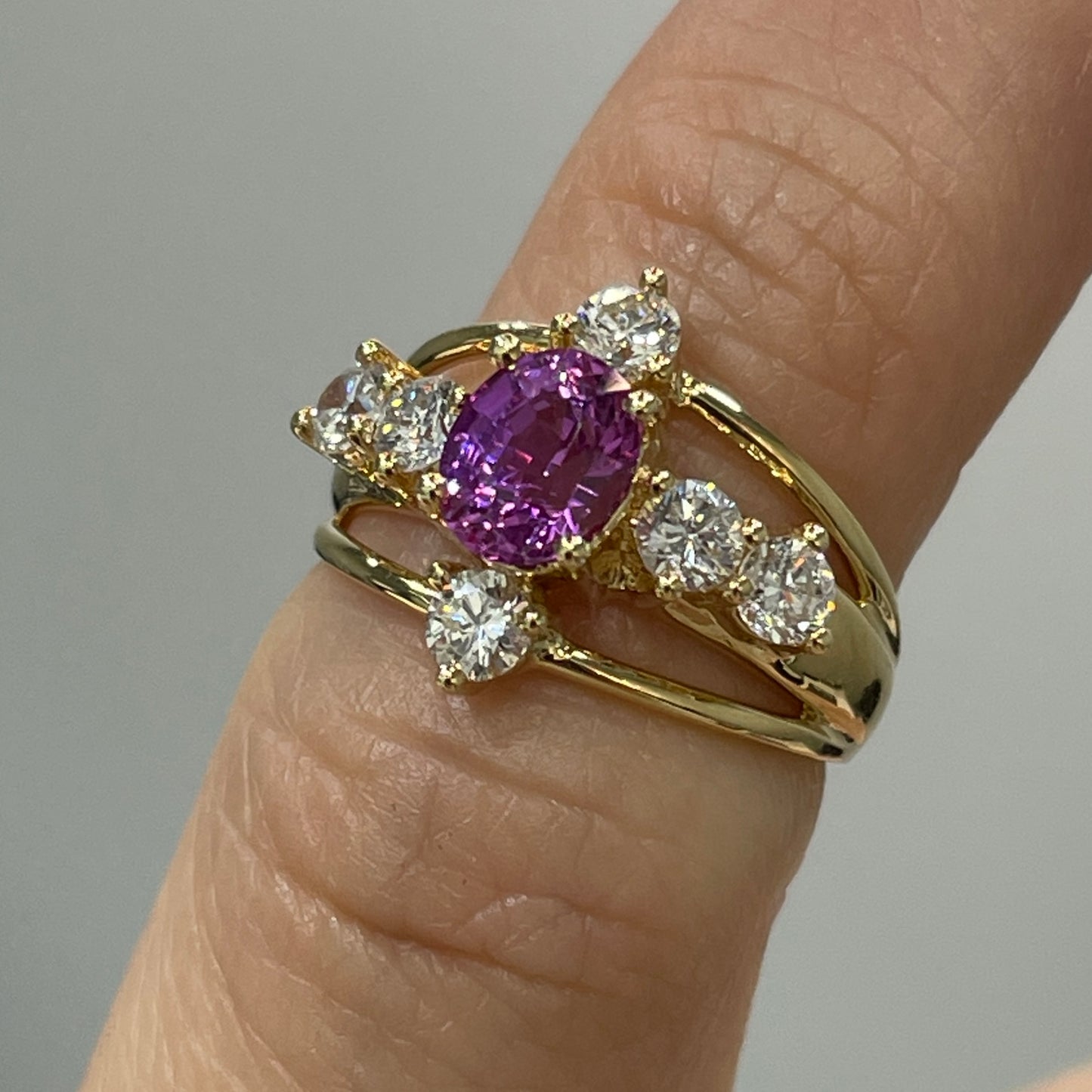 Lab purple sapphire oval 0.6ct with diamond round 0.45ct cross three row diamond pinky ring