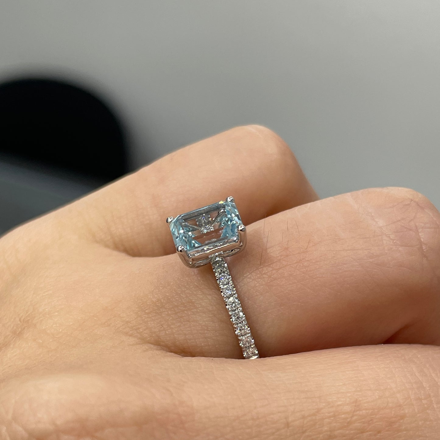Lab Sapphire Aquamarine blue emerald cut 2ct pave ring
