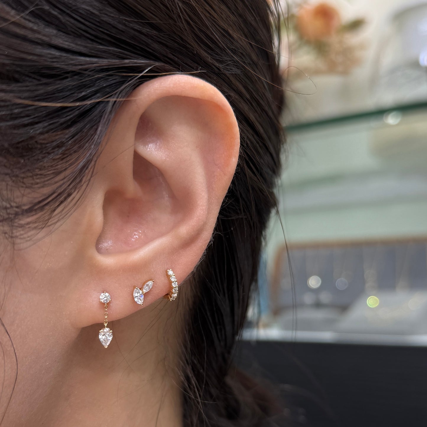 Lab Diamond round and pear shape 0.2ct chain swing stud earring-each