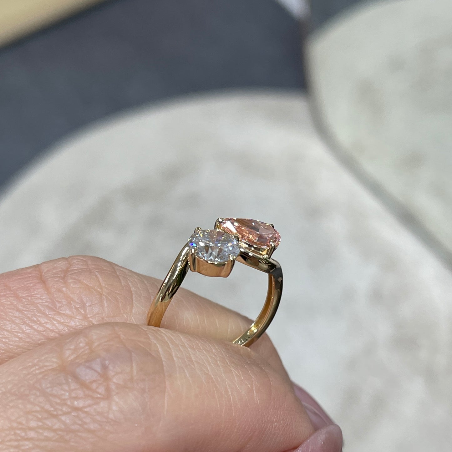 IGI lab pink diamond Pear 1ct with lab diamond round 1ct toi et moi wavy ring