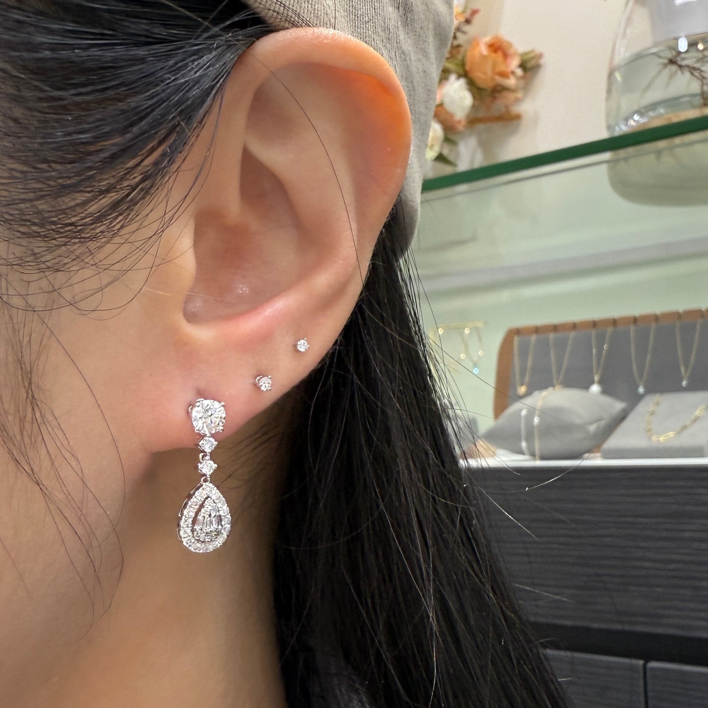 Lab diamond round and pear removable drop earrings-pair
