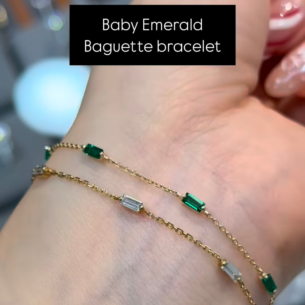 Lab Emerald green baguette cut 0.6ct five stone bracelet