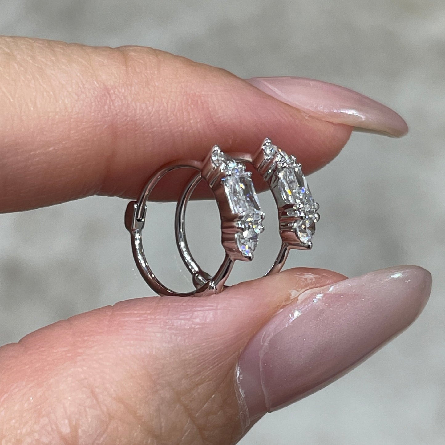Lab diamond radiant and round 0.6ct three stone 10mm thin hoop earring - each