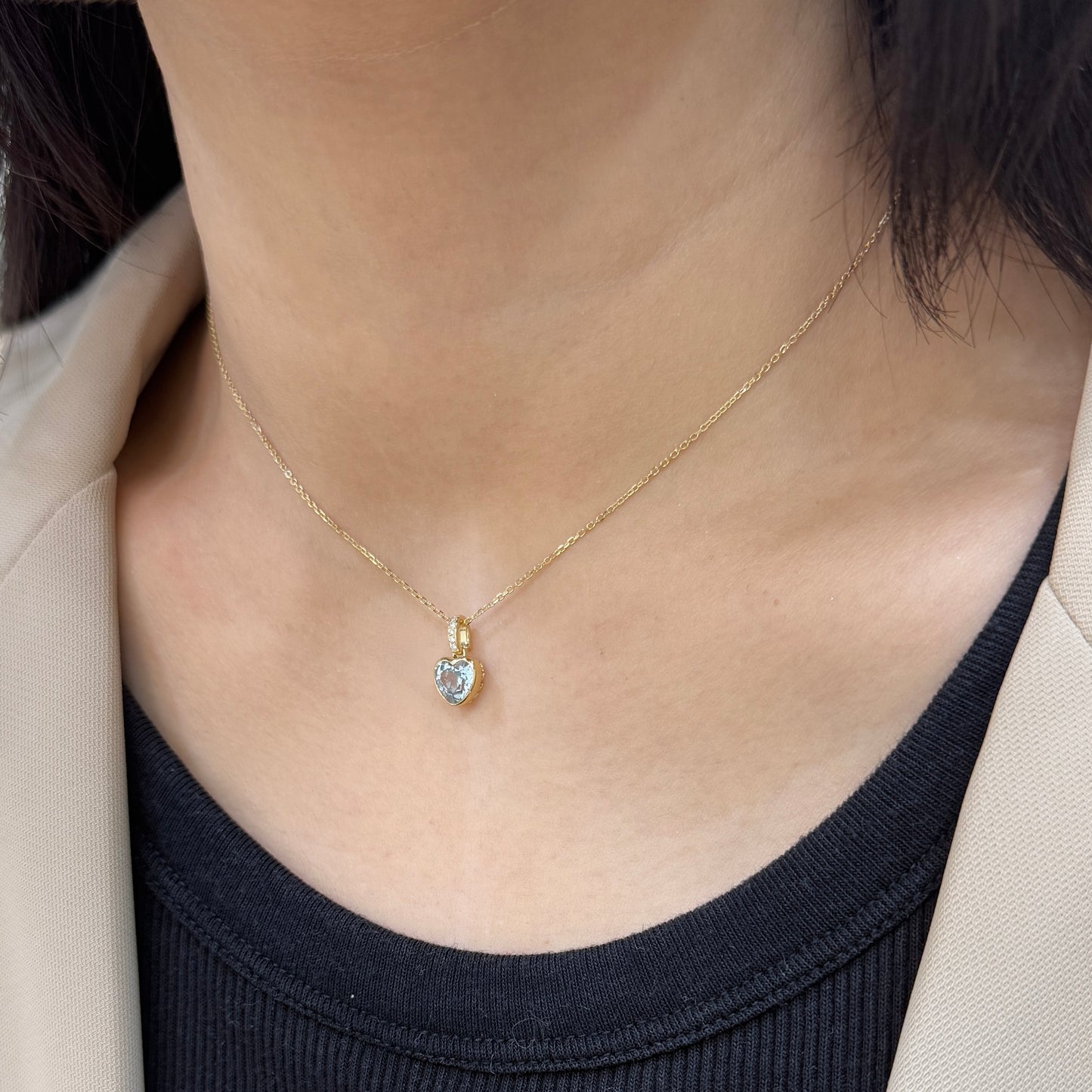 Lab Sapphire aquamarine heart shape 1ct bezel pave open clip pendant