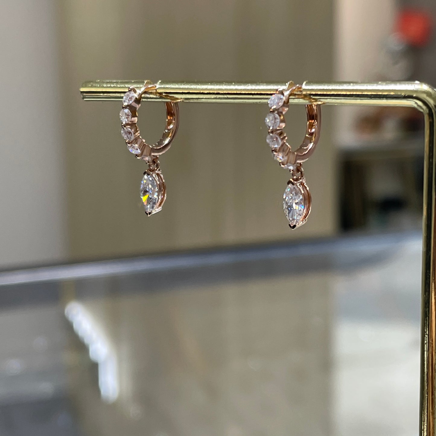 Lab diamond Marquaie and round 0.75ct single prong drop 8mm hoop earrings-pair