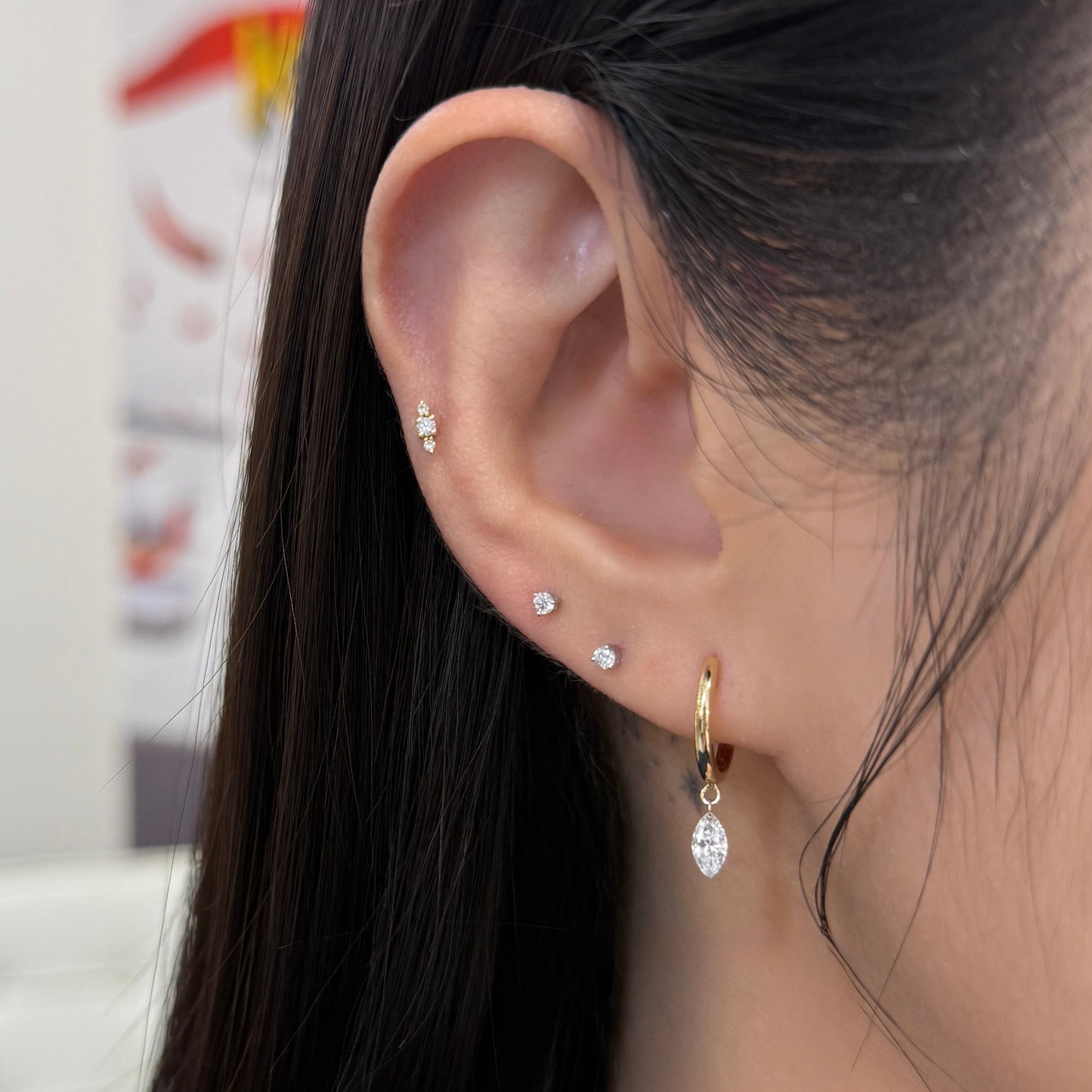 Lab diamond marquiar shape 0.4ct floating on 10mm thicker hoop earrings-pair
