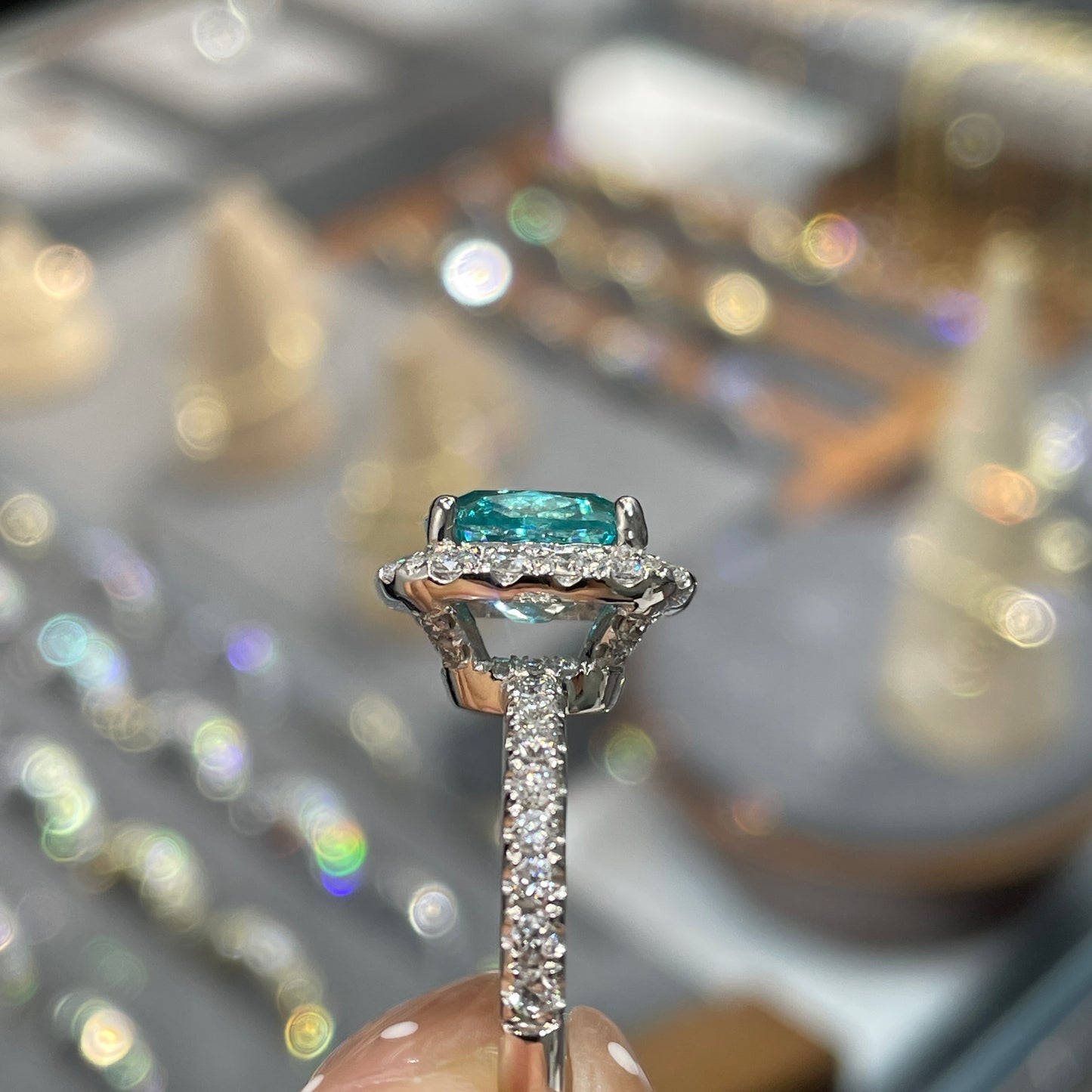 Lab Sapphire paraiba color cushion cut 3.4ct classic halo ring