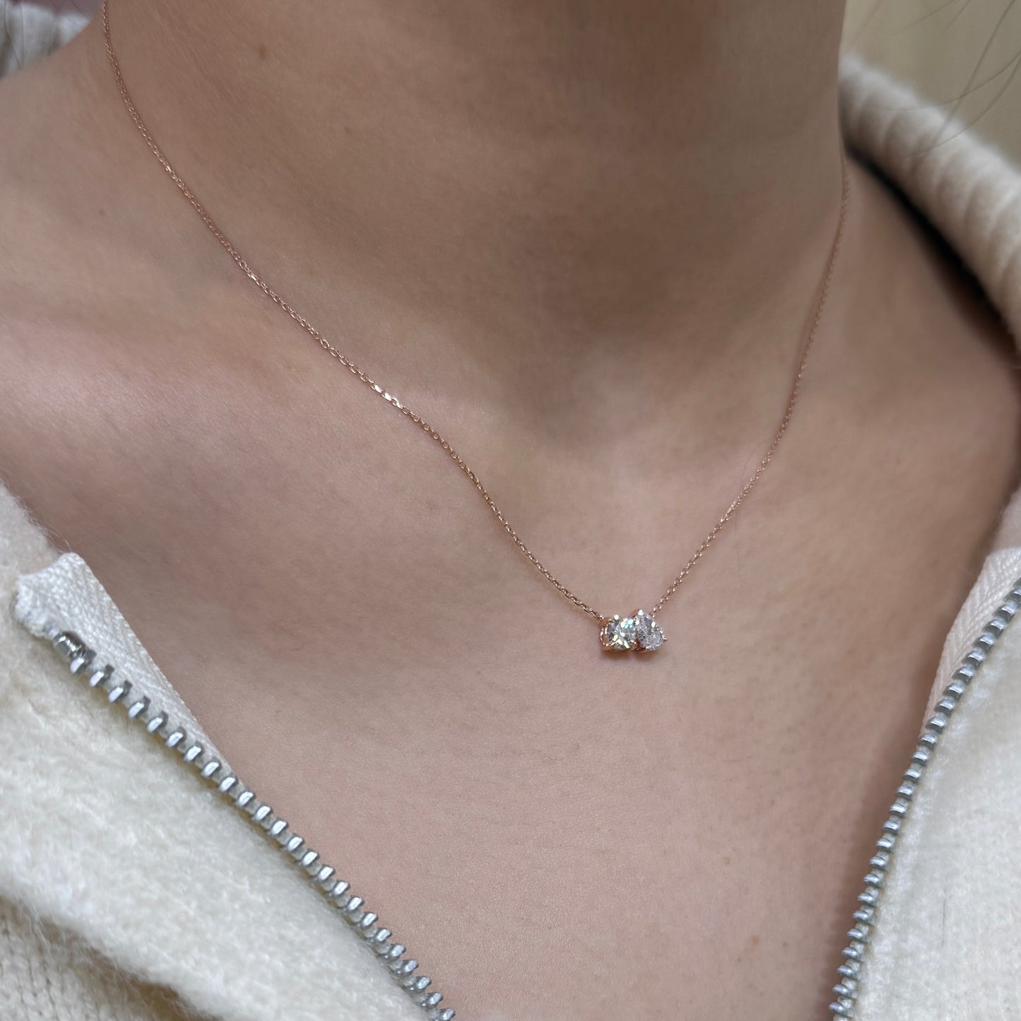 Lab diamond pear and round 0.65ct toi et moi necklace