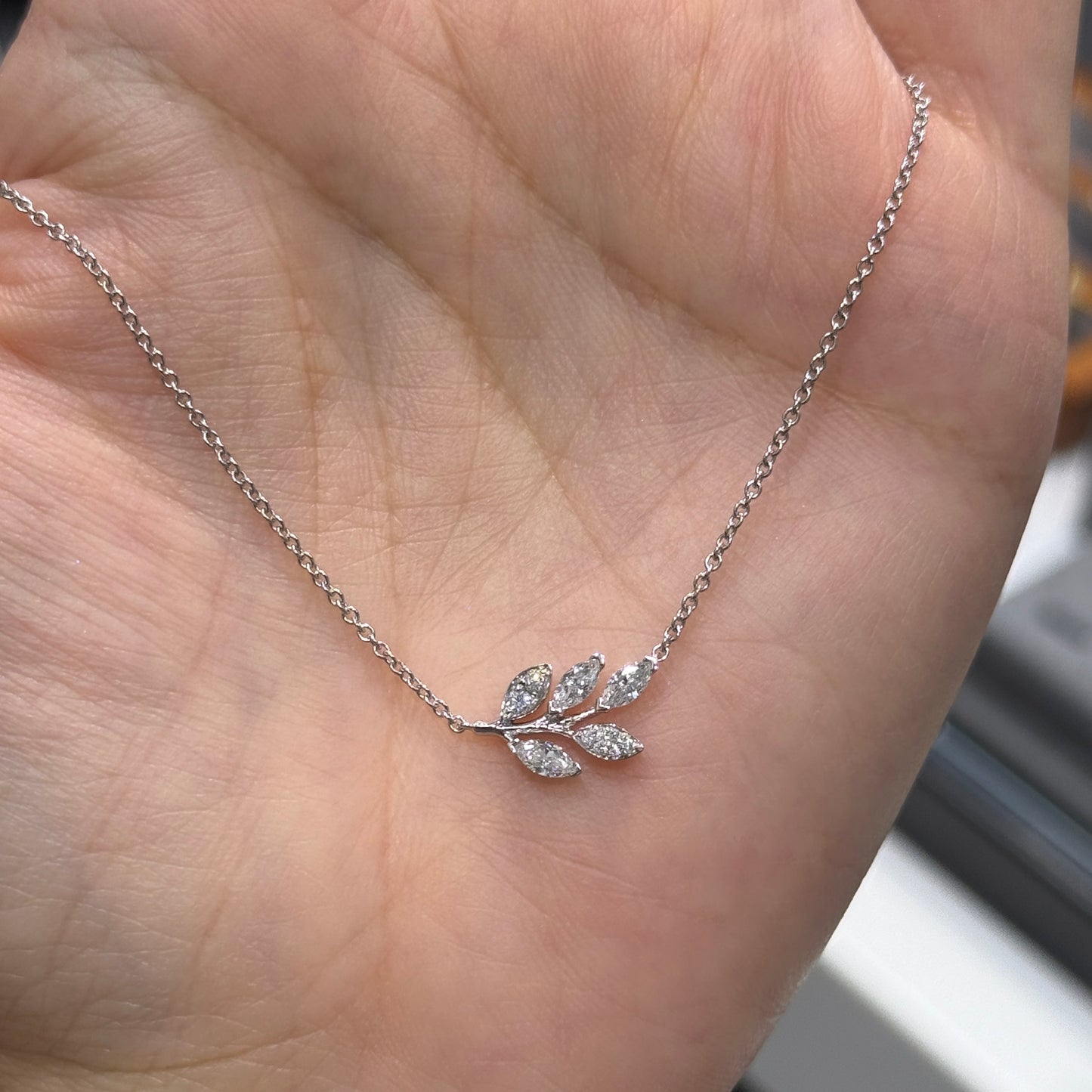 Lab Diamond marquise and round 0.3ct leaf necklace