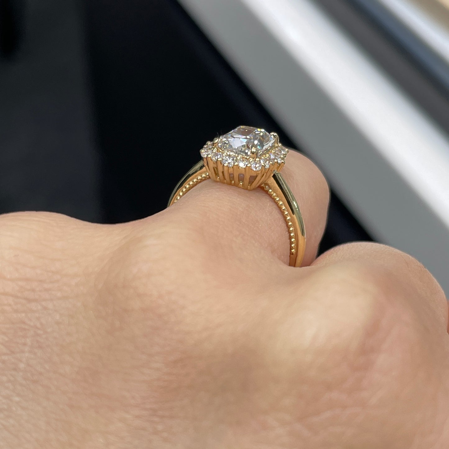 IGI Lab diamond modified cushion 1.8ct halo ring