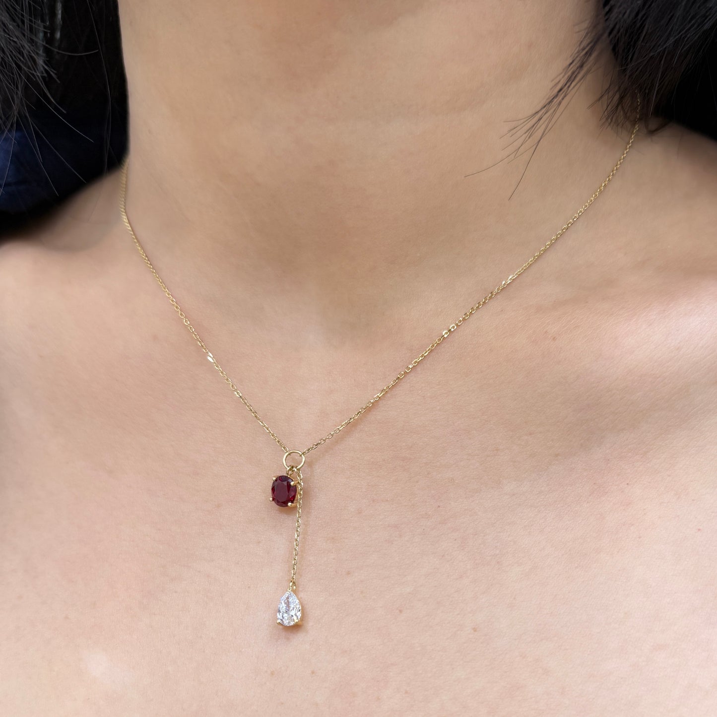Lab Ruby Oval shape 0.8ct swing diamond pear shape 0.4ct two stone necklace