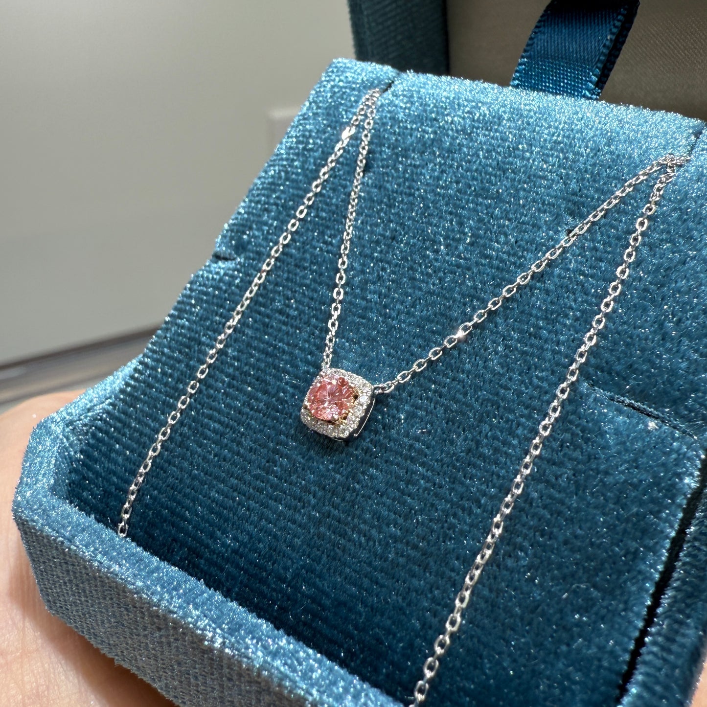 Lab pink diamond 0.25ct halo necklace