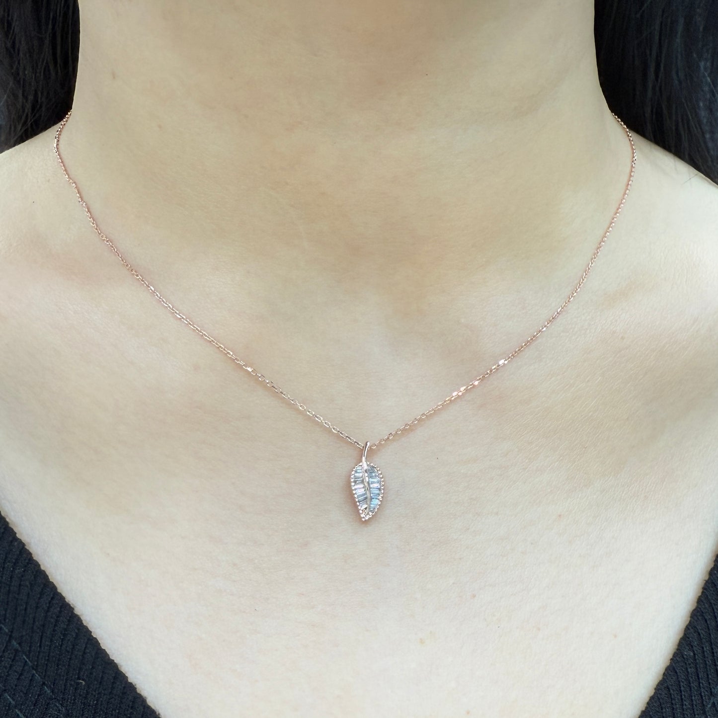 Lab diamond Baguette 0.25ct leaf pendant necklace