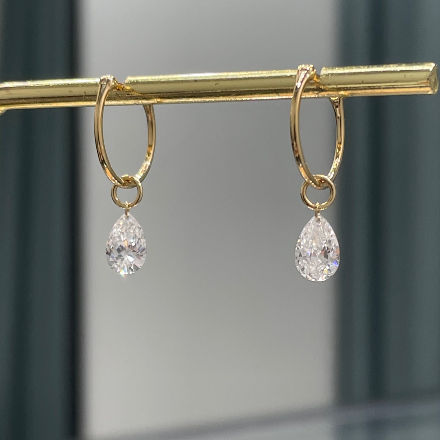 Lab diamond Pear shape 1ct floating 10mm hoop earrings-pair
