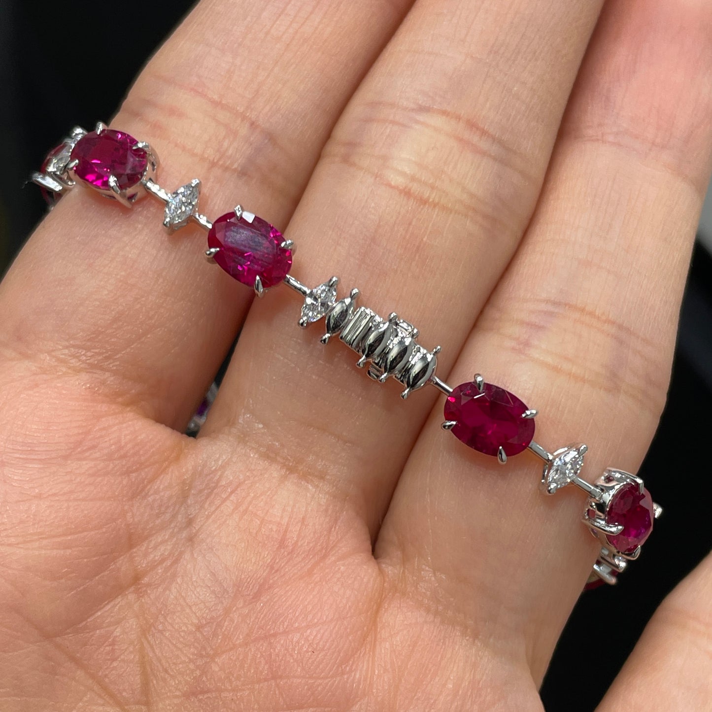 Lab pinkish ruby oval and diamond marquise shape 9.5ct tennis bracelet