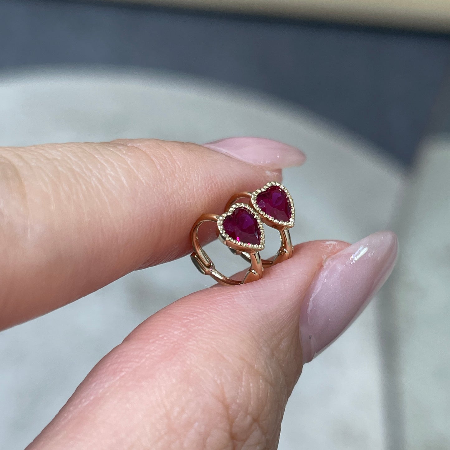 Lab Ruby heart 0.25ct milgrain bezel 6.5mm hoop earring - each