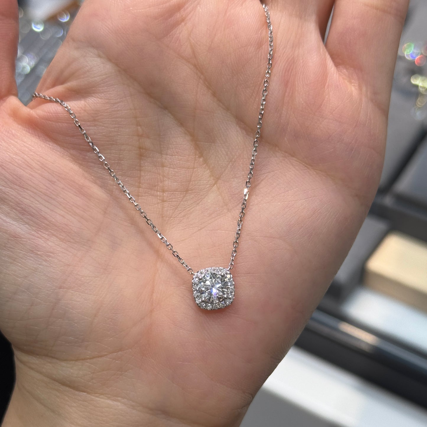 Lab diamond round 1.23ct cushion shape halo necklace
