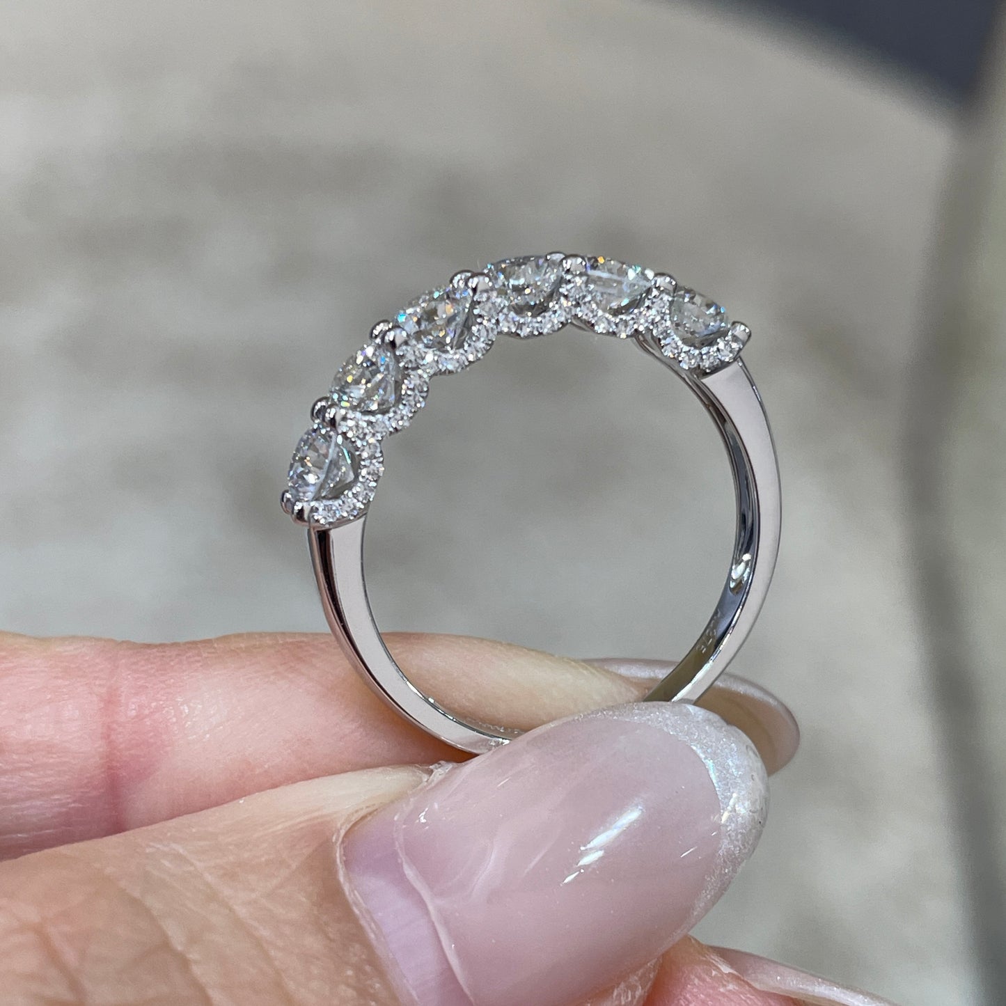 9k Lab diamond emerald cut 2.4ct U-prong pave eternity ring