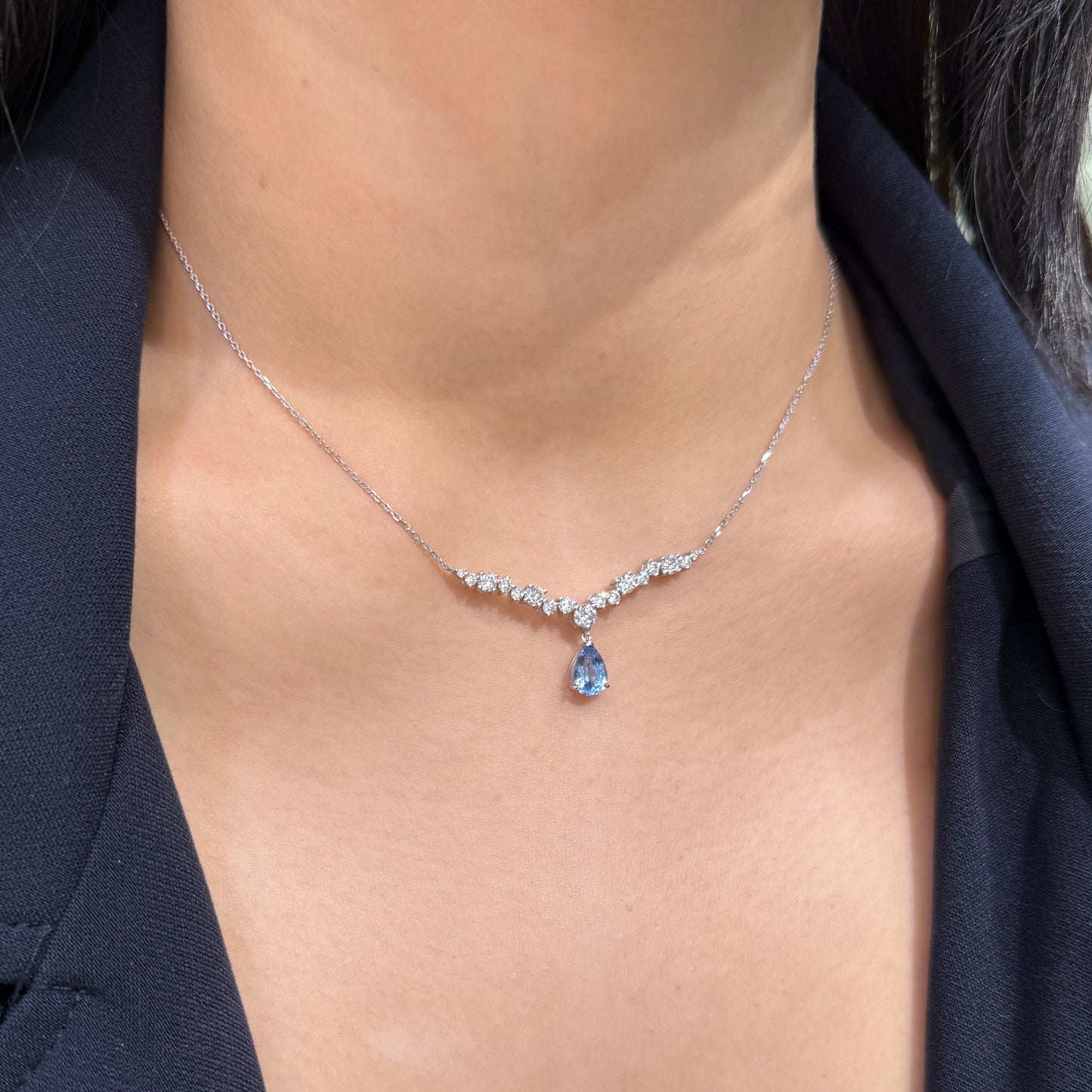 Lab grown sapphire aquamarine blue pear shape 1ct with 1ct diamond bar necklace