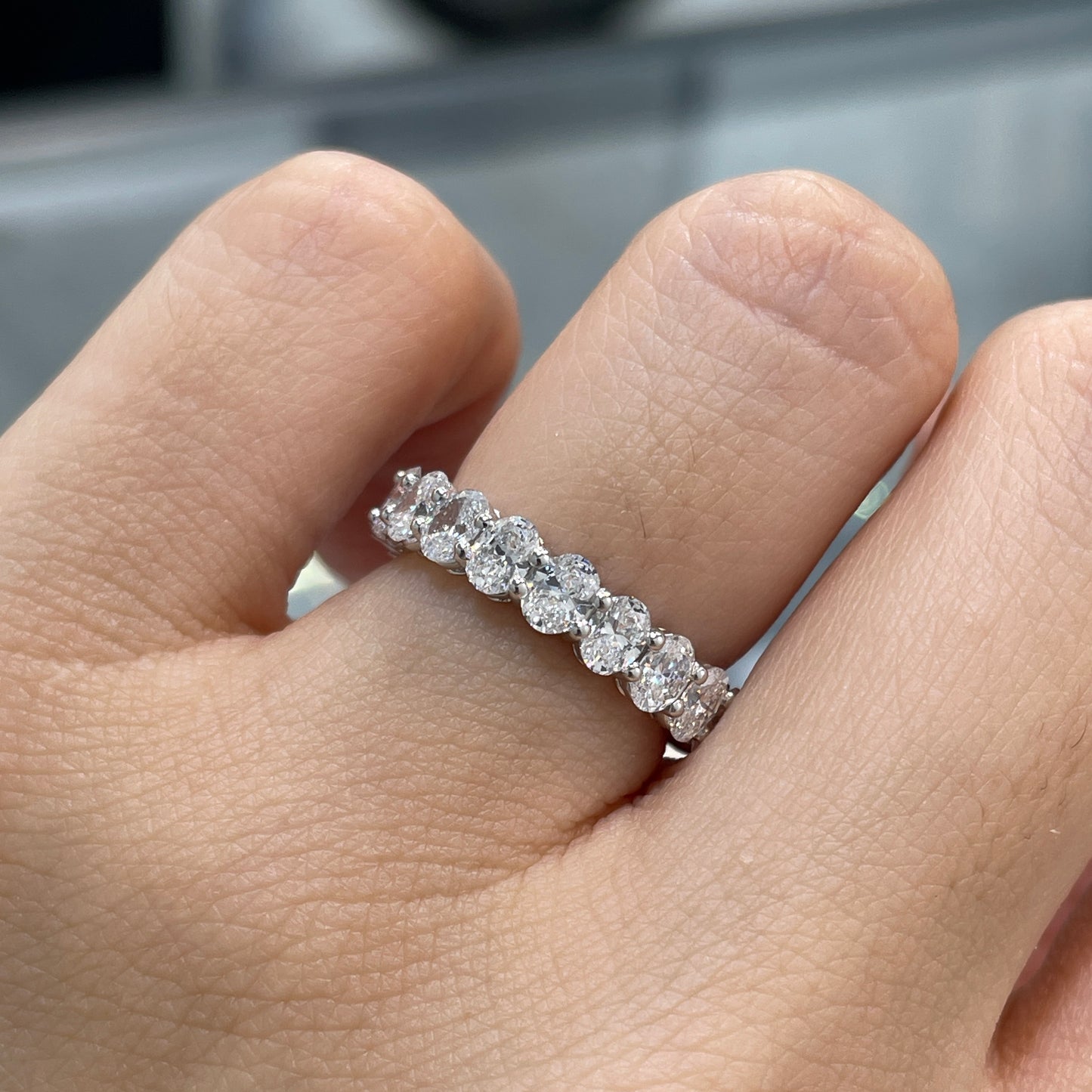 Lab diamond oval & emerald cut half half 3ct full eternity ring