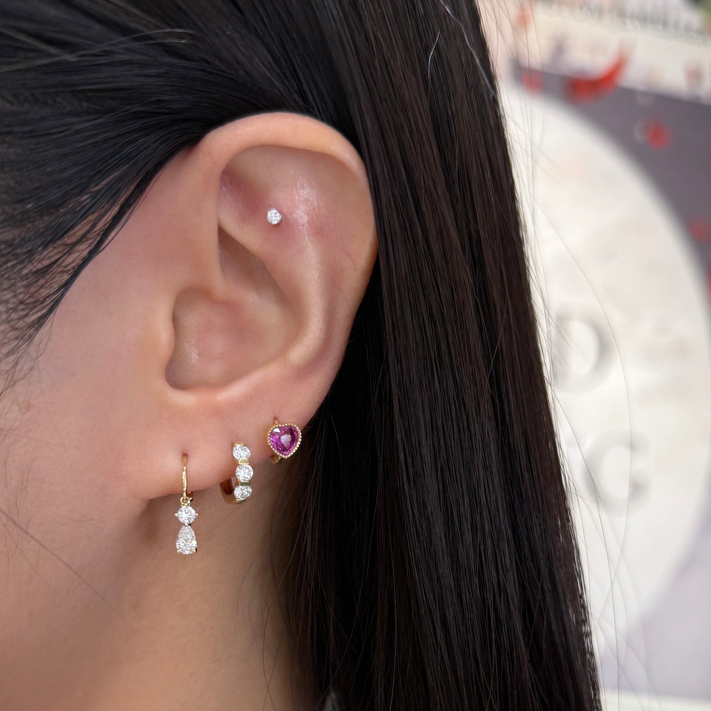 9k Lab Diamond round 0.3ct trio bar setting 8mm hoop earring-each