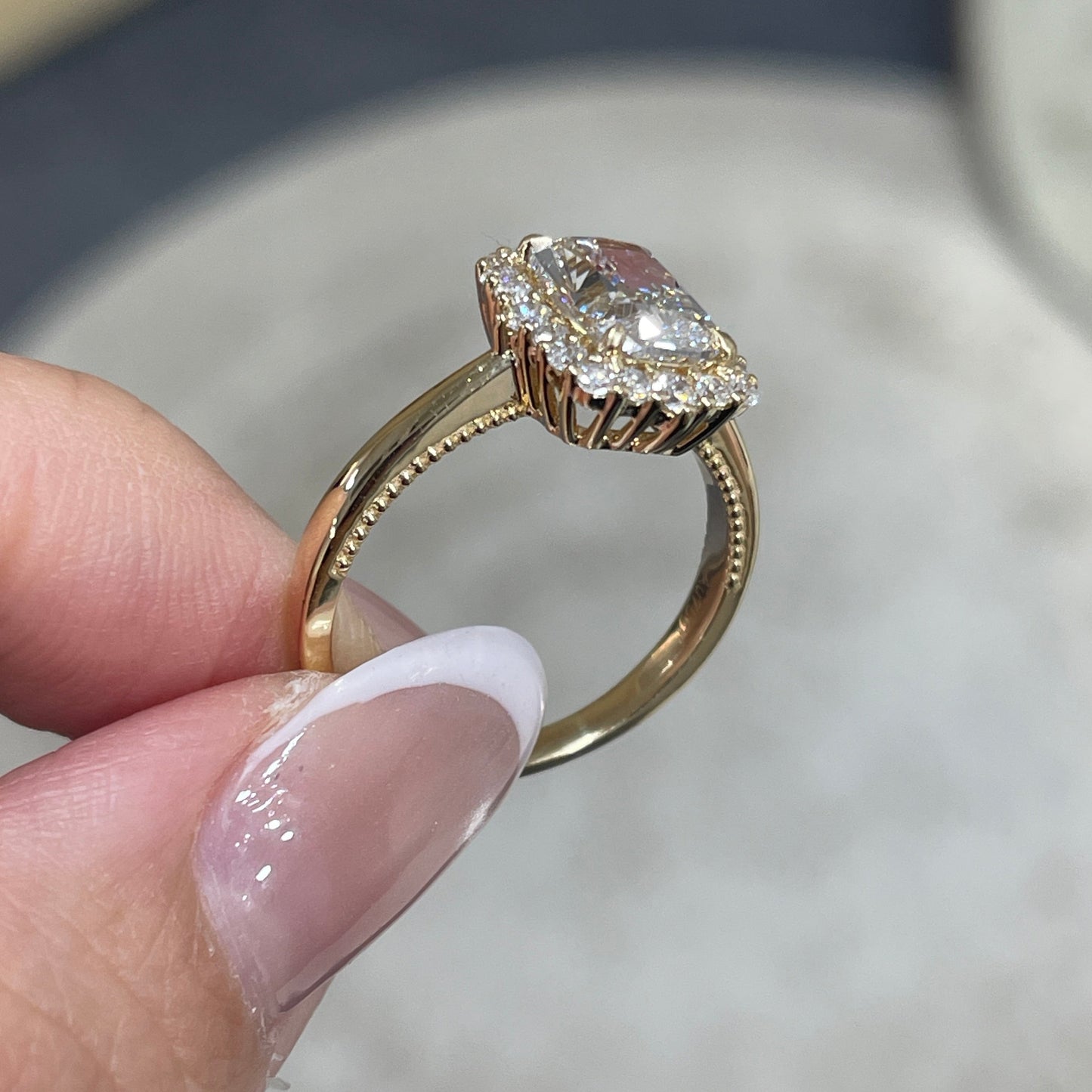 IGI lab diamond Long cushion cut 1.8ct halo milgrain band ring