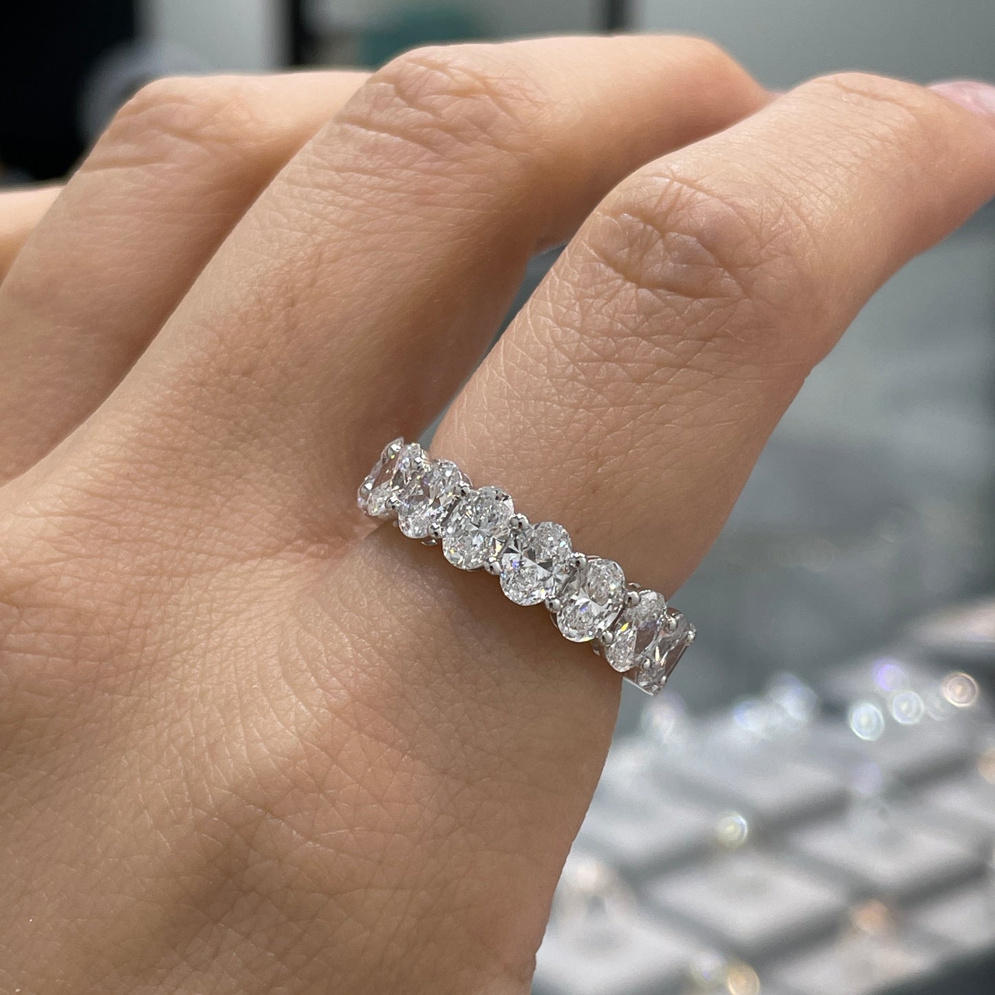 Lab diamond oval & emerald cut half half 6ct full eternity ring