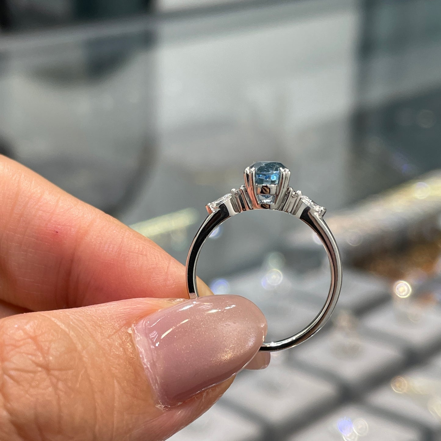 Lab sapphire aquamarine color Oval shape 1.2ct with diamond side stone ring