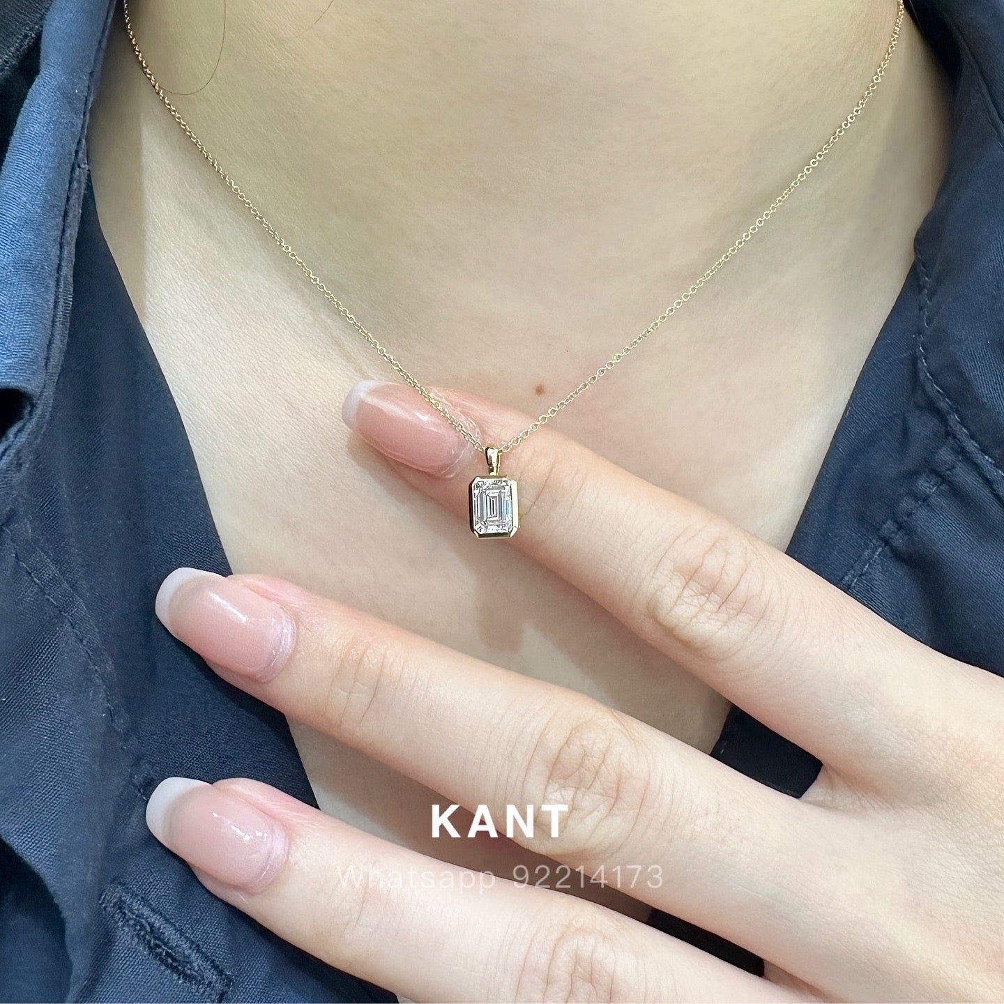 Lab diamond emerald cut 0.9ct bezel pendant with necklace