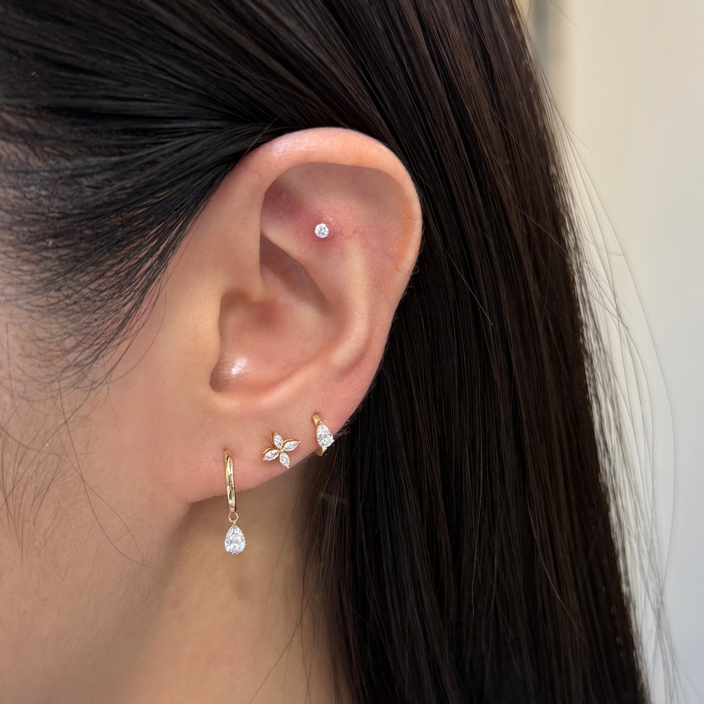 9k Lab diamond pear shape 0.4ct floating on 9mm thicker hoop earrings-pair