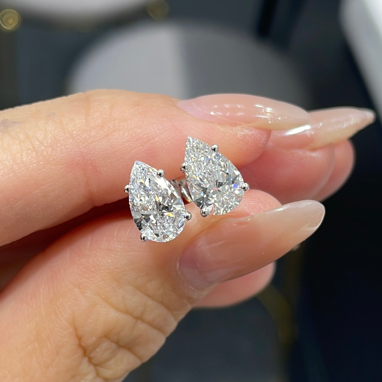 Lab diamond pear 2ct four-prong stud earrings-pair