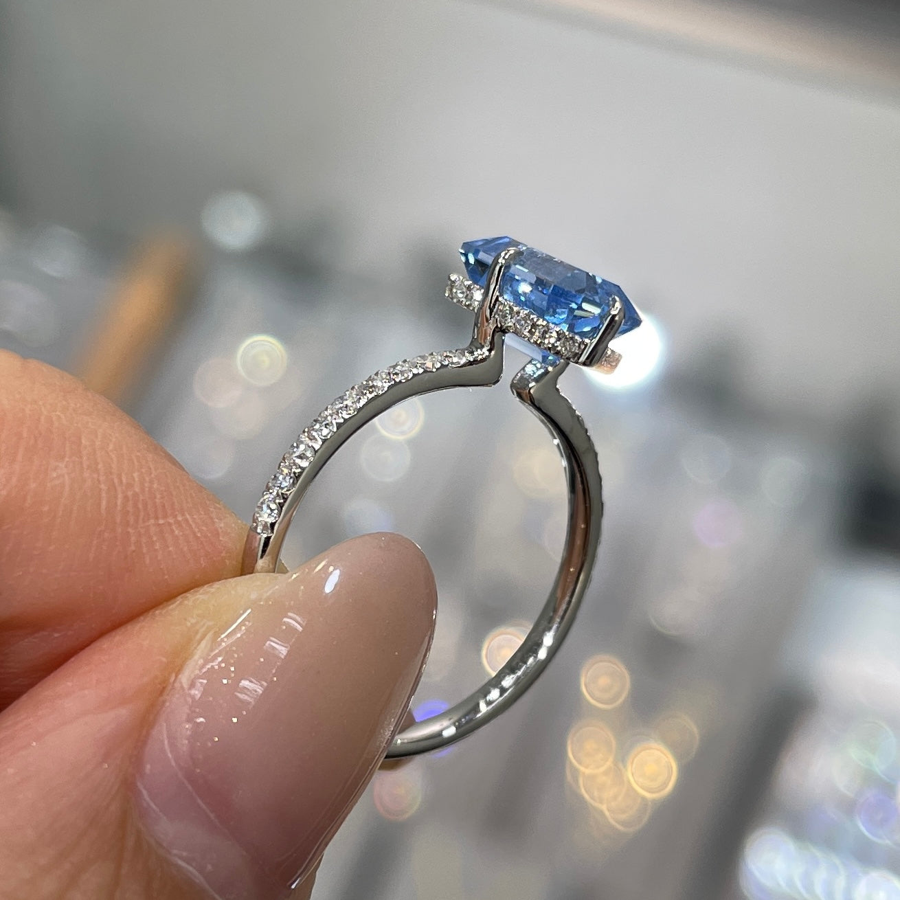 Lab sapphire Santa maria aquamarine emerald cut 2ct four-prong compass under halo pave ring