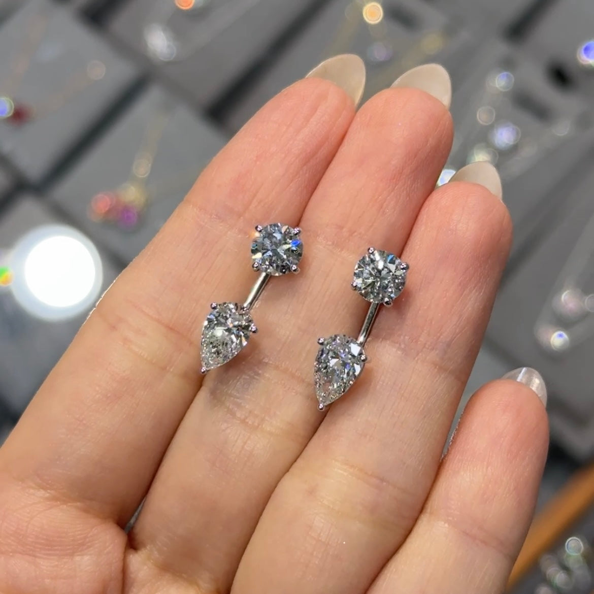 Lab diamond Round with Pear shape L jacket 4ct earrings- pair