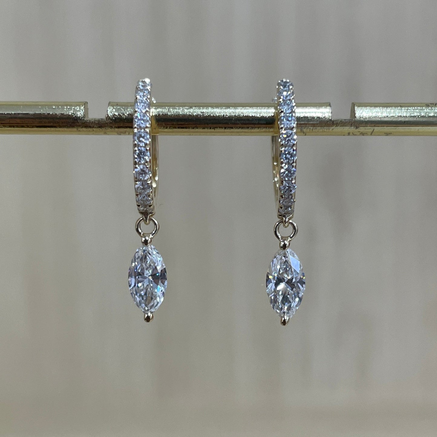 9k Lab diamond Marquise shape 0.85ct 10mm huggie hoop earrings-pair