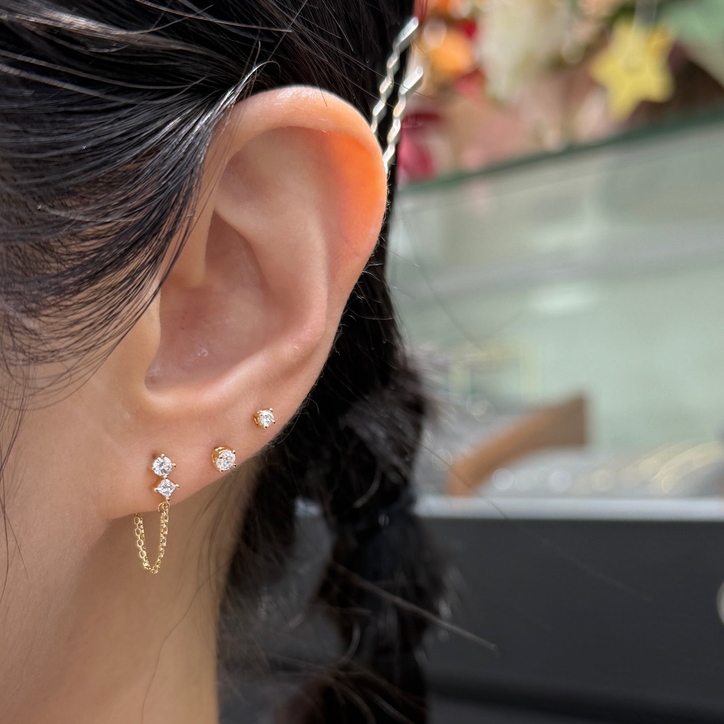 Lab diamond round and Princess toi et moi stud chain back earrings-pair