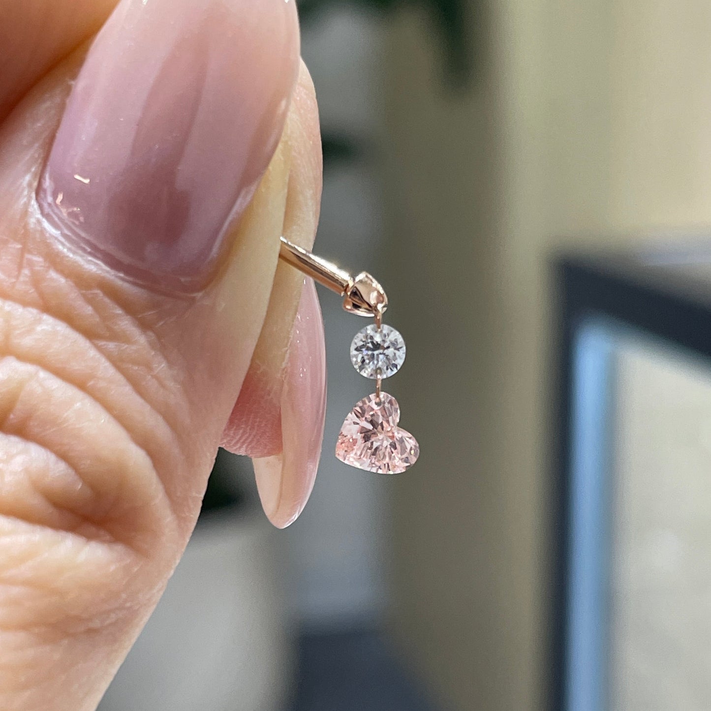 Lab pink diamond heart shape and round 0.4ct floating swing stud earring - each