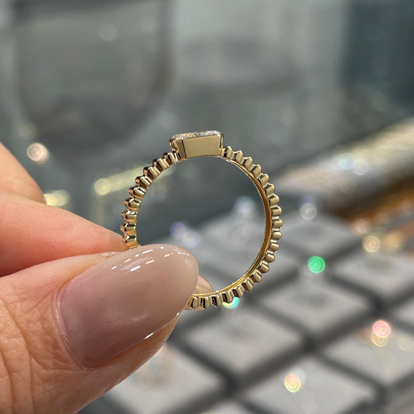 Lab diamond Radiant cut 0.5ct horizontal bezel set with vertical line band ring