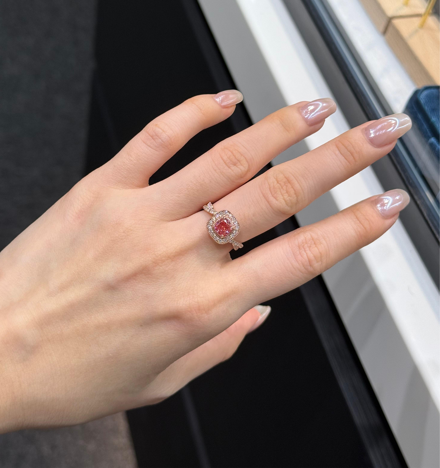 IGI pink diamond cushion 0.8ct halo twist band ring