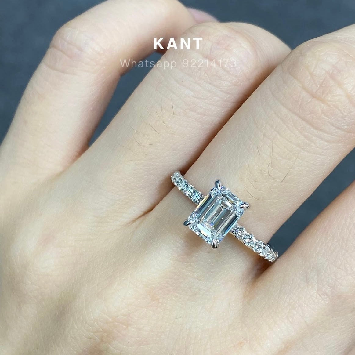 Lab diamond Emerald cut 1.5ct four-prong pave ring