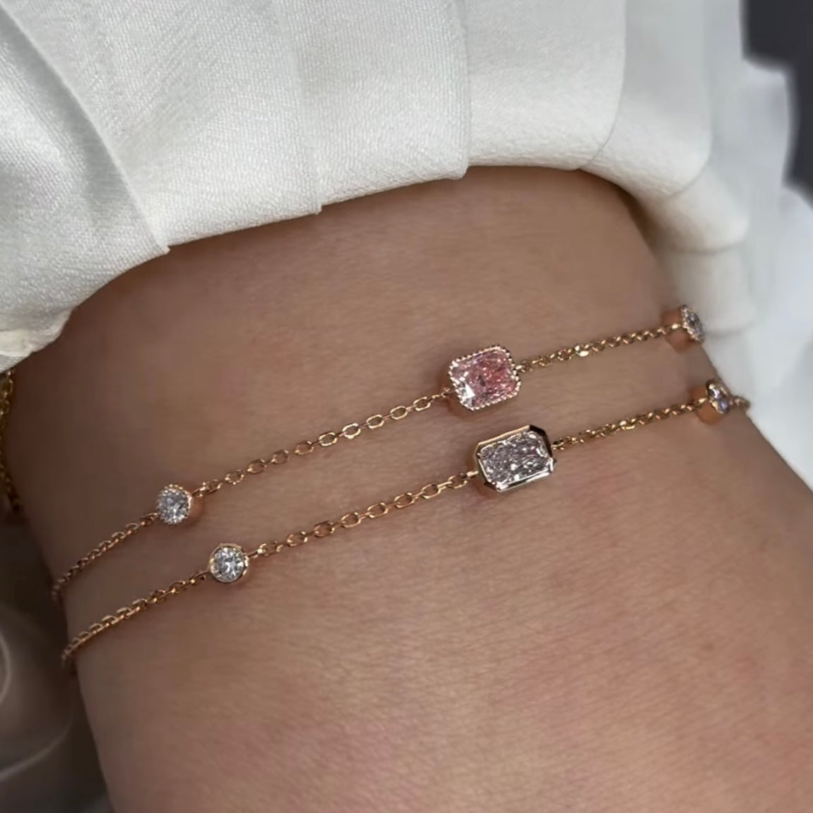 Lab pink diamond radiant cut 0.35ct milgrain bezel with little diamond bracelet